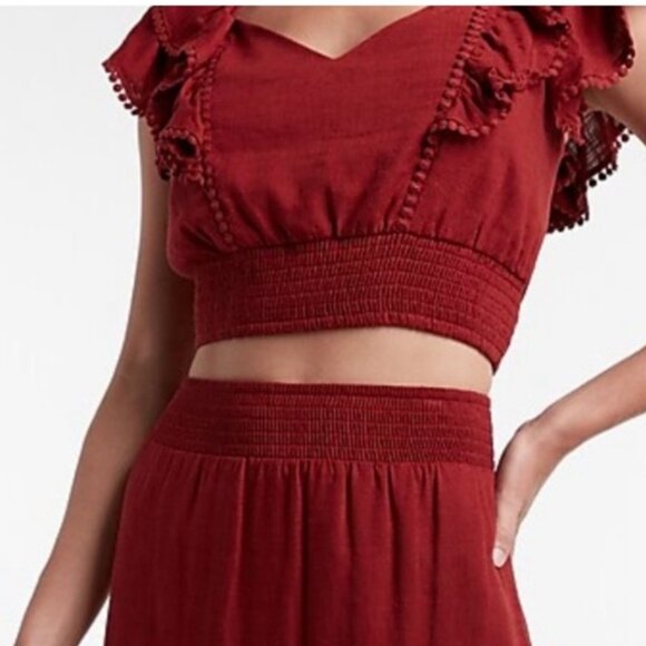 Express Linen Blend Ruffle Smocked Tie Back Crop Top in Maroon | Size XL - Picture 2 of 8
